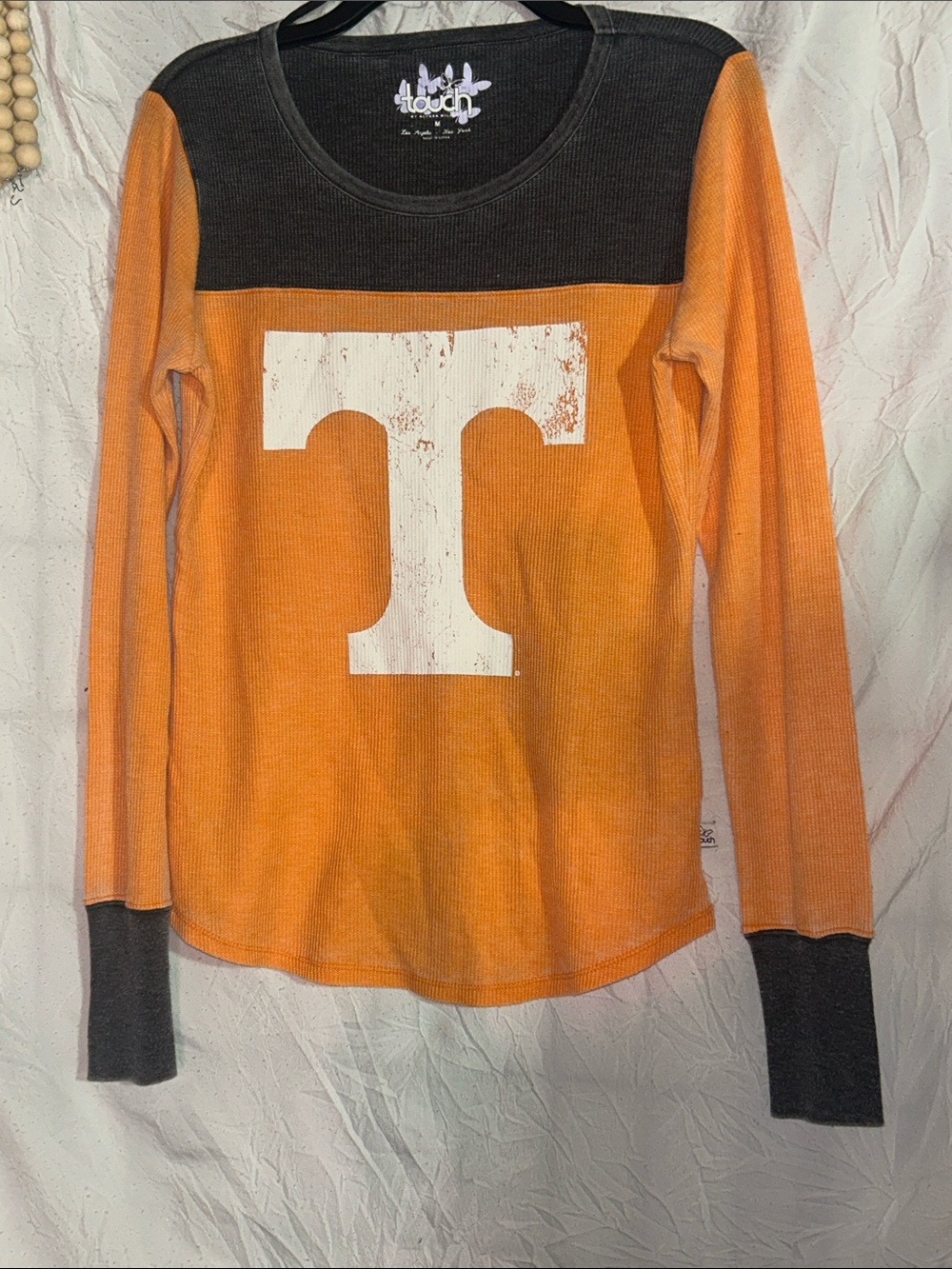 Touch by Alyssa Milano Orange and Black Long-Sleeve Top with White 'T' Graphic